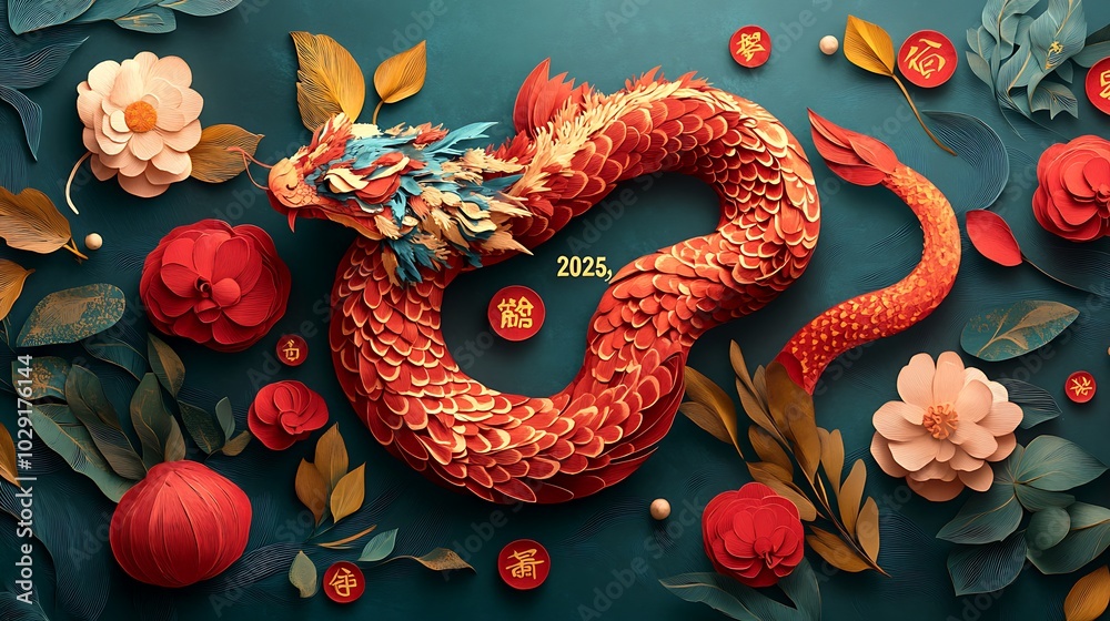 Obraz premium A playful paper-cut snake mascot wrapping around 