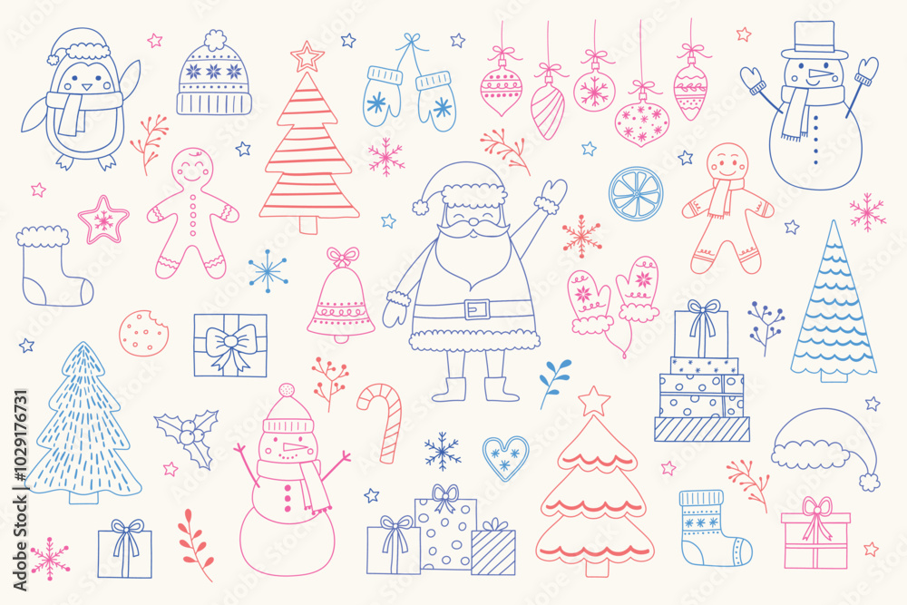 Colourful Christmas icon set. Hand drawn holiday characters and ornaments. X-Mas clip art design. Vector illustration Colourful Christmas icon set. Hand drawn holiday characters and ornaments. X-Mas clip art design. Vector illustration