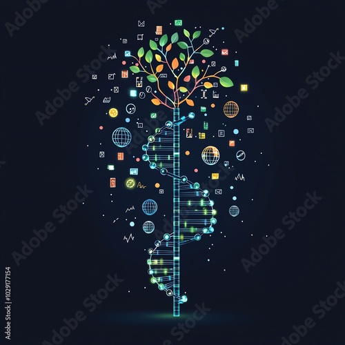 A creative fusion of nature and technology, showcasing a tree entwined with digital symbols, representing growth and innovation. photo