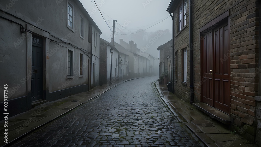 Misty Coastal Village Street – Cobblestone Path in an Isolated, Foggy Landscape Misty Coastal Village Street – Cobblestone Path in an Isolated, Foggy Landscape