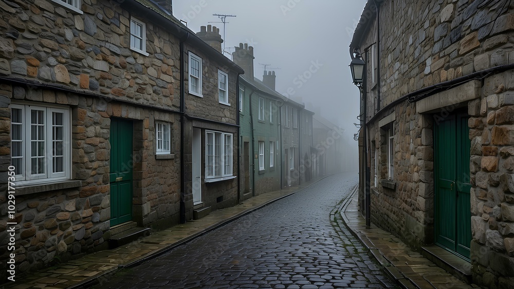 Misty Coastal Village Street – Cobblestone Path in an Isolated, Foggy Landscape Misty Coastal Village Street – Cobblestone Path in an Isolated, Foggy Landscape
