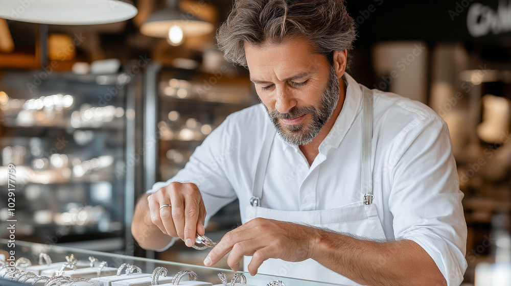 A man is looking at a selection of wedding bands in a bright and modern jewelry store. He is trying on different rings, checking the fit and design, while the jeweler provides advi A man is looking at a selection of wedding bands in a bright and modern jewelry store. He is trying on different rings, checking the fit and design, while the jeweler provides advi