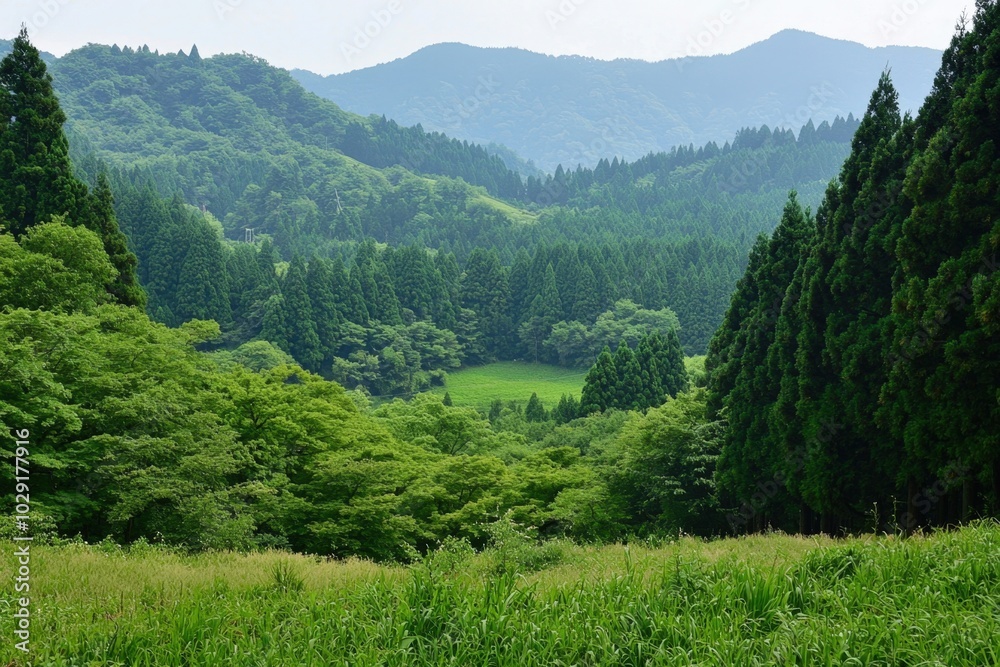 Fototapeta premium Lush green mountains with dense forests under a soft, hazy sky in a serene valley