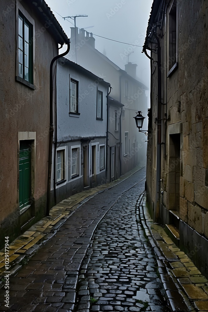 Misty Coastal Village Street – Cobblestone Path in an Isolated, Foggy Landscape Misty Coastal Village Street – Cobblestone Path in an Isolated, Foggy Landscape
