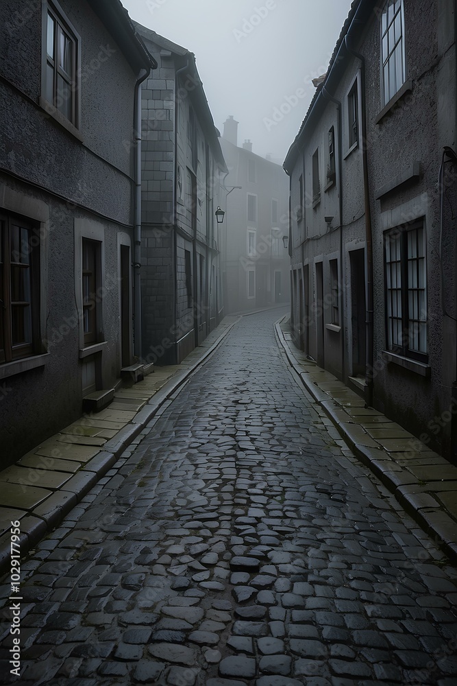Misty Coastal Village Street – Cobblestone Path in an Isolated, Foggy Landscape Misty Coastal Village Street – Cobblestone Path in an Isolated, Foggy Landscape