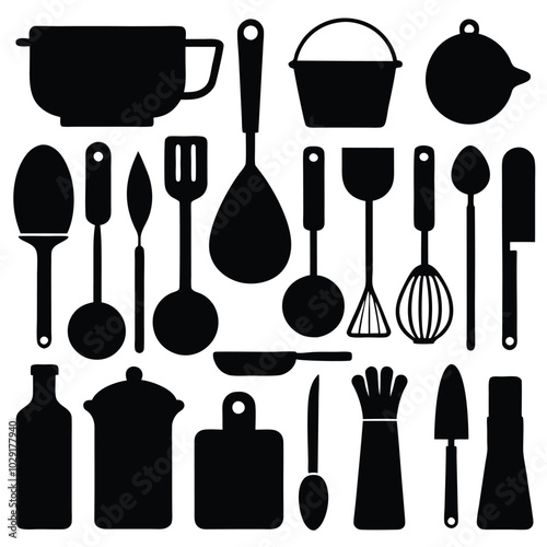 A comprehensive collection of essential kitchen tools silhouettes in vector format, perfect for culinary-themed projects, logos, and design projects. Ideal for cooking websites, apps, and promotional 