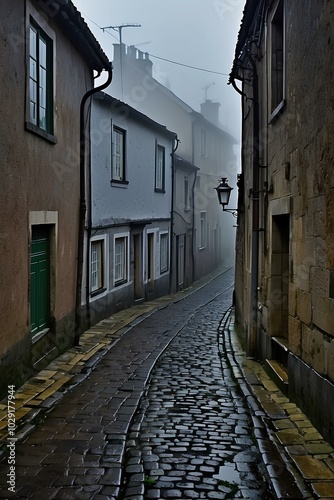 Misty Coastal Village Street – Cobblestone Path in an Isolated, Foggy Landscape