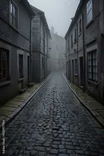 Misty Coastal Village Street – Cobblestone Path in an Isolated, Foggy Landscape