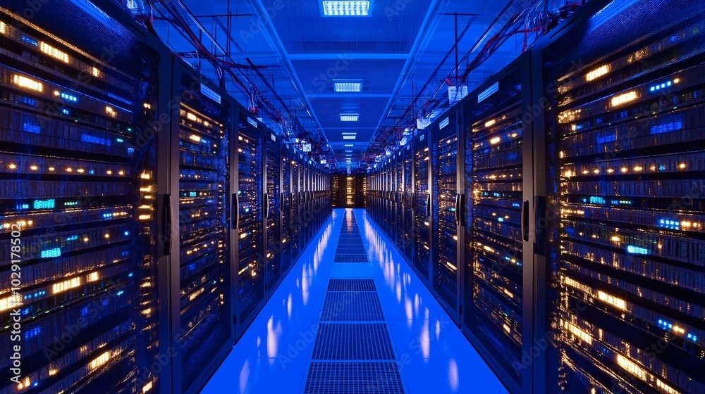 Data centers filled with rows of servers with blinking lights Data centers filled with rows of servers with blinking lights