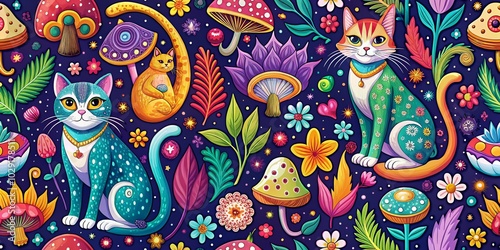 Aerial Magic Mushroom Cat Vector Pattern for Whimsical Background Design