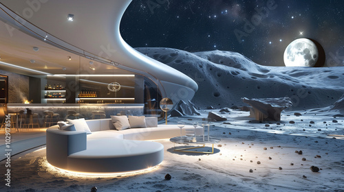 Modern lunar base lounge area with bar, under the stars and a view of the full moon. AI Generated