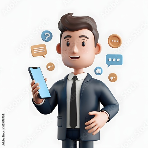 3D illustration of a character holding a smartphone, surrounded by colorful social media icons and communication symbols, set against a solid white background. Ideal for digital communication