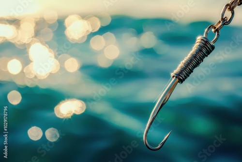 A close-up of a fishing hook against a blurred ocean background, capturing the essence of fishing and outdoor leisure activities. photo