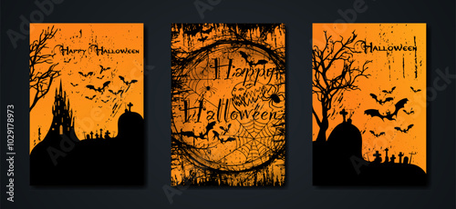 Halloween party, set cards spooky dark orange background, silhouettes of characters and scary bats with gothic haunted castle, horror theme concept, scary pumpkin and black graveyard, vector templates