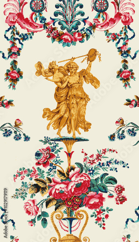 Antique wallpaper design with dancing figures and floral bouquet