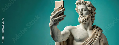 A classical greek statue taking a selfie with a smartphone. Panorama with copy space. photo