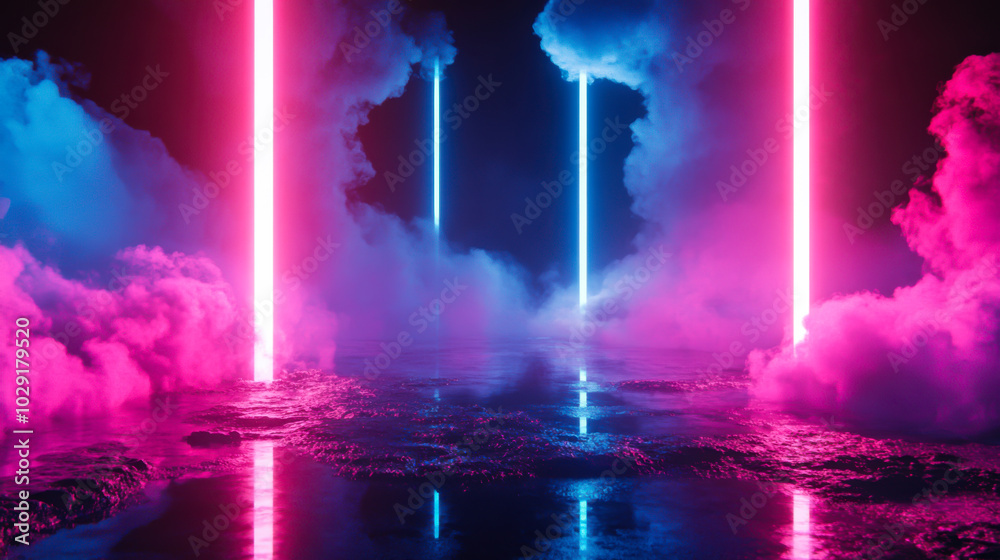 A mesmerizing landscape featuring glowing neon pillars illuminating a misty environment during nighttime