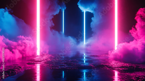 Obraz na płótnie A mesmerizing landscape featuring glowing neon pillars illuminating a misty environment during nighttime w salonie