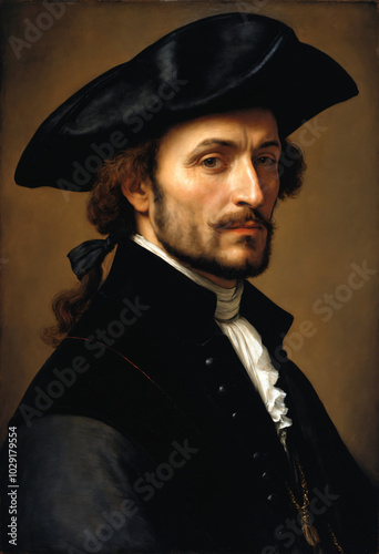 Renaissance-style portrait of a man in colonial-era clothing, Generative AI	
