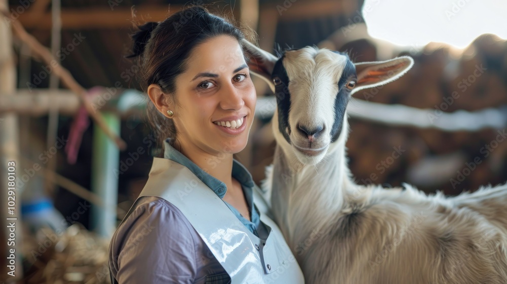 Focused Middle Eastern female veterinarian in a bright barn tending to a goat showcasing her expertise and care for animals