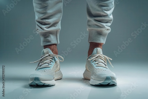 Man with running shoes, white background, athletic gear