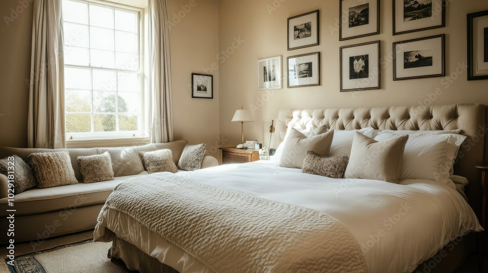 Fototapeta premium Bright bedroom with a large, comfortable bed, framed photos on the wall, and a stylish sofa, creating a warm, inviting ambiance.