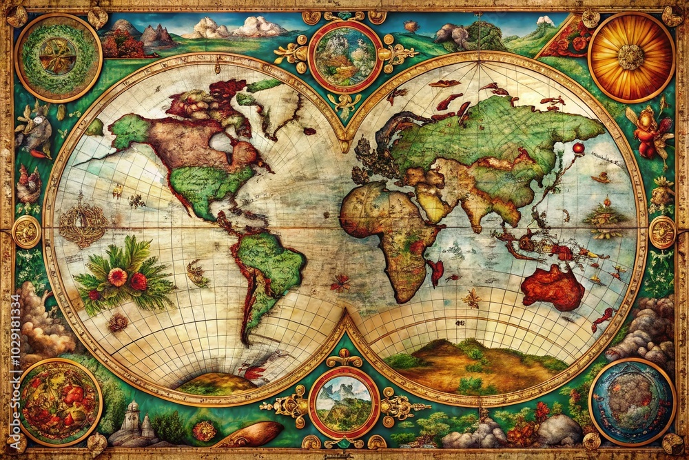 Aerial View of an 1800s Earth Map with Vintage Cartography Elements and Natural Landscapes Aerial View of an 1800s Earth Map with Vintage Cartography Elements and Natural Landscapes