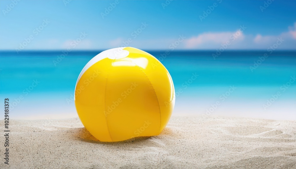 Yellow Beach Ball on Sandy Shore with Crystal Blue Ocean Horizon. Perfect for Summer Vacation, Travel Ads, Fun in the Sun Concepts, or Relaxation Themes for Print and Digital Use Yellow Beach Ball on Sandy Shore with Crystal Blue Ocean Horizon. Perfect for Summer Vacation, Travel Ads, Fun in the Sun Concepts, or Relaxation Themes for Print and Digital Use