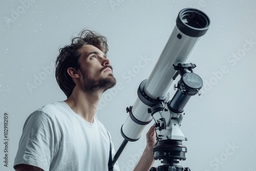 Man with telescope, white background, stargazing