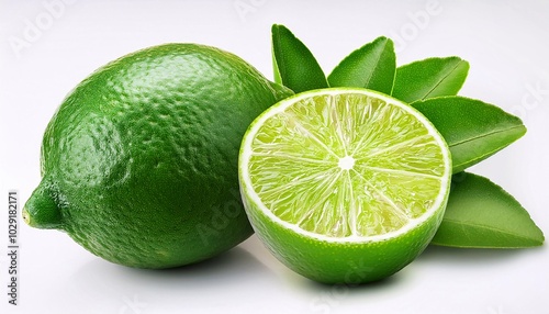 Limes with slices isolated on white balime, lemon, lemony, citrus, vitamin c, tropical, healthy, fruit, juice, green, eat, fresh, exotic, slice, leaf, vitamin, organic, juicy, health, diet, fockground
