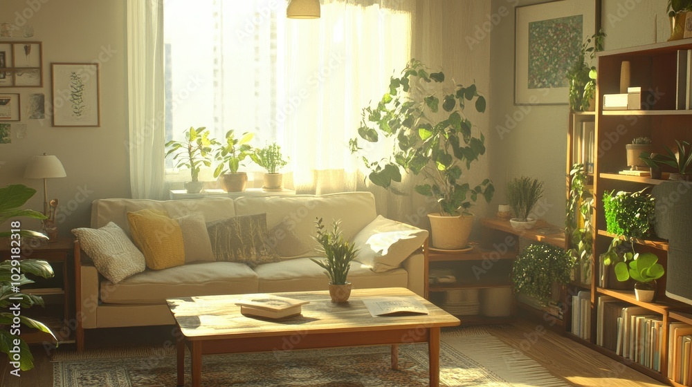 Fototapeta premium Comfortable living room with a wooden table, inviting sofa, various indoor plants, and a bookshelf, all complemented by soft, natural lighting.