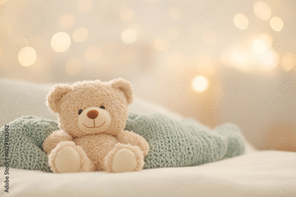 A soft teddy bear sits on a bed with a cozy blanket, illuminated by warm, soft lights, evoking feelings of warmth and comfort. Great for childhood, family, or winter themes. A soft teddy bear sits on a bed with a cozy blanket, illuminated by warm, soft lights, evoking feelings of warmth and comfort. Great for childhood, family, or winter themes.