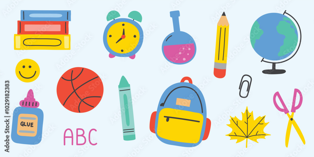 Set with school elements. Cartoon supply icons. Vector illustration
