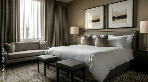 Contemporary bedroom setup with a large bed, framed artwork on the wall, and a modern sofa, creating a serene ambiance.