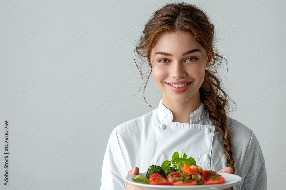 Woman with culinary dish, white background, cooking creation Woman with culinary dish, white background, cooking creation