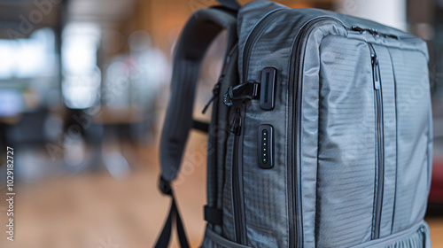 Stylish grey backpack featuring a built-in charging port, designed for the modern traveler or commuter, photographed in a sleek indoor environment.