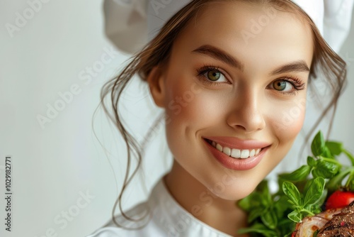 Woman with culinary dish, white background, cooking creation photo