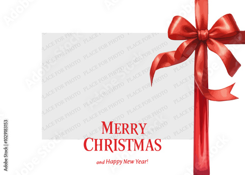 Merry Christmas. Festive Template with place for photo with watercolor ribbon and bow.