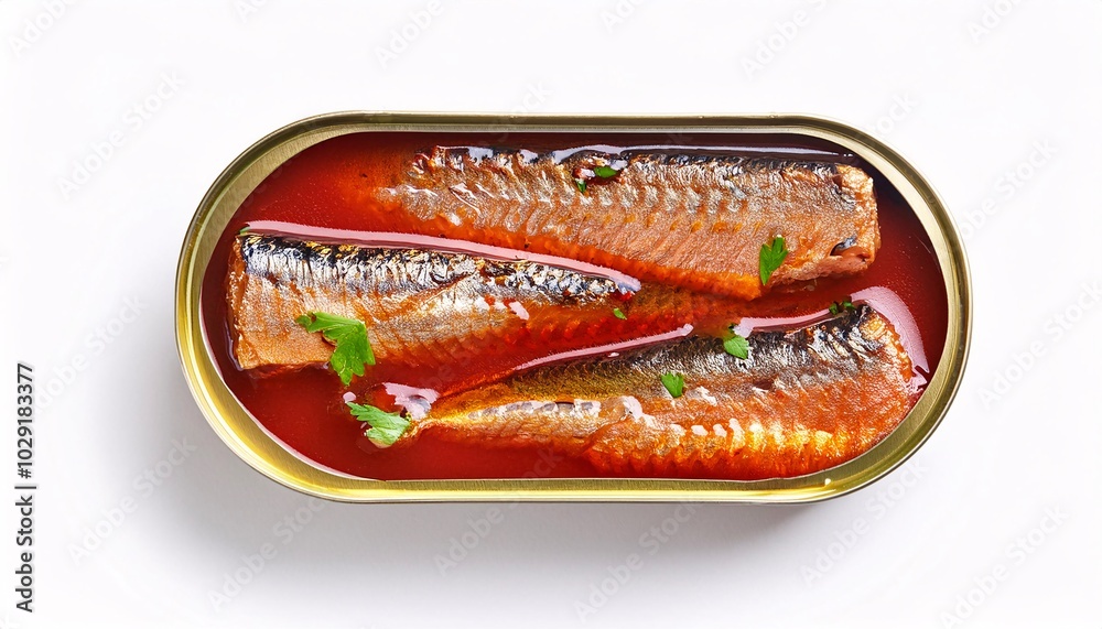 Canned sea fish, sardines, marinated in oil in an opened can on a white background Canned sea fish, sardines, marinated in oil in an opened can on a white background