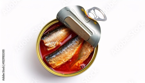 Canned sea fish, sardines, marinated in oil in an opened can on a white background