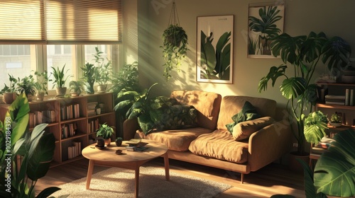 Living room with a natural wooden table, cozy sofa, lush plants, and a tiny bookshelf, arranged neatly for a relaxed and welcoming atmosphere.