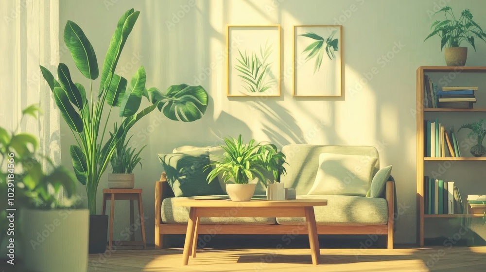 Minimalist living room featuring a simple wooden table, comfortable sofa, green houseplants, and a small bookshelf, radiating peaceful vibes. Minimalist living room featuring a simple wooden table, comfortable sofa, green houseplants, and a small bookshelf, radiating peaceful vibes.