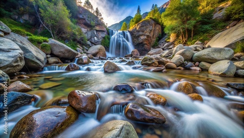 Fisheye view of a mountain waterfall flowing over river rocks with low shutter speed photo