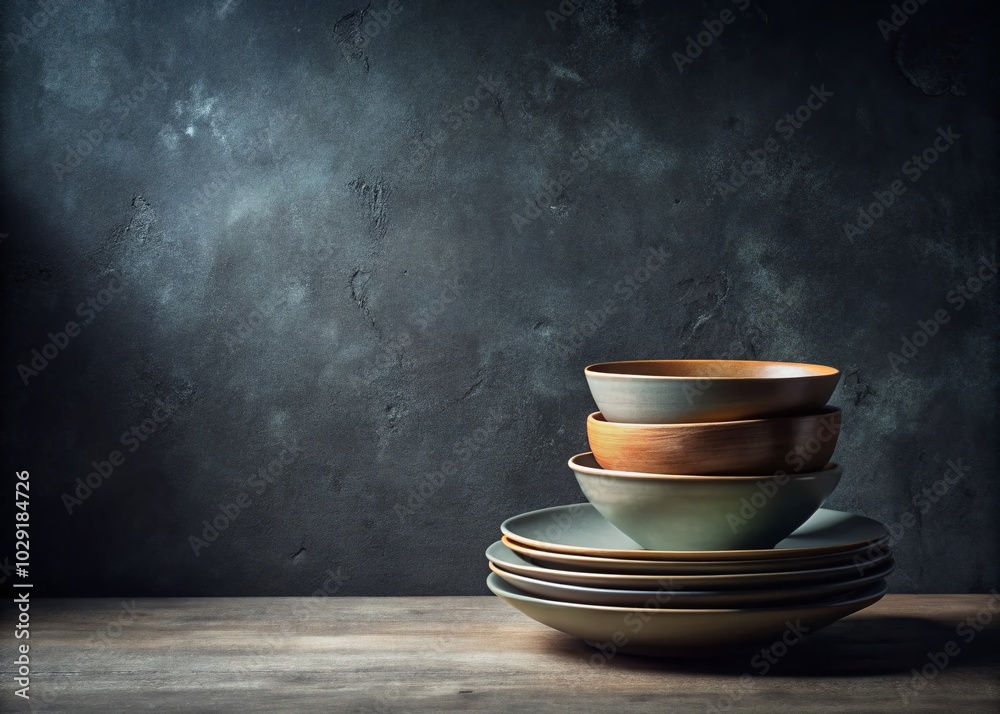 Stack of Plates and Bowls in Low Light on Dark Grey Background with Copy Space for Culinary Themes