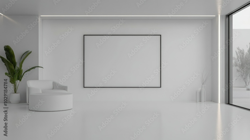 Minimalist white room with a large mockup frame, contemporary furniture, and soft lighting to create a clean, modern space. Minimalist white room with a large mockup frame, contemporary furniture, and soft lighting to create a clean, modern space.