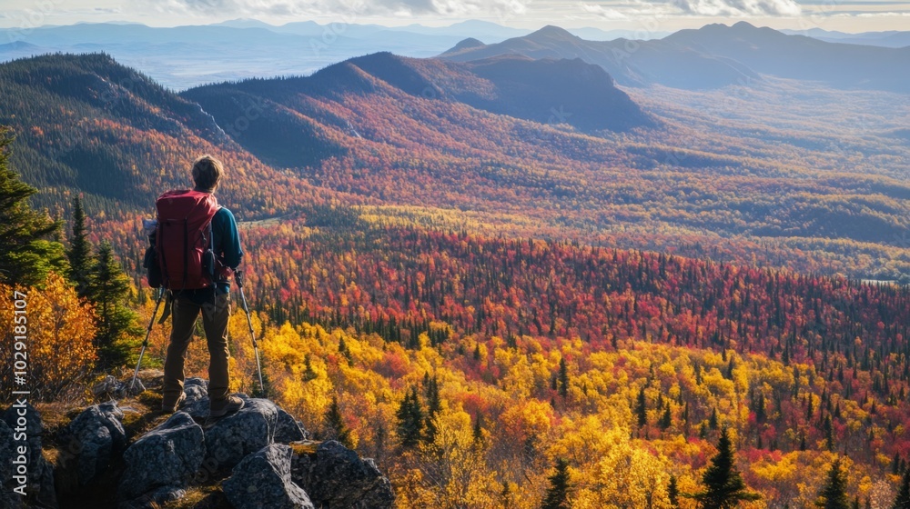 A lone hiker stands on a rocky outcropping, looking out over a vast valley filled with vibrant fall colors. The mountains in the distance are hazy with morning mist, and the sun is shining brightly. A lone hiker stands on a rocky outcropping, looking out over a vast valley filled with vibrant fall colors. The mountains in the distance are hazy with morning mist, and the sun is shining brightly.