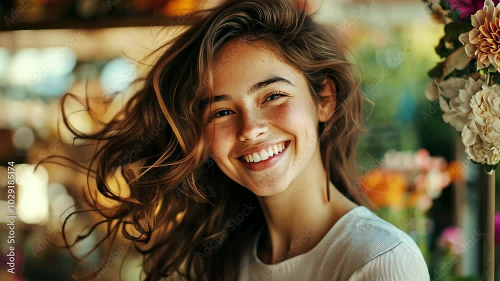 A young woman with long brown hair smiles brightly while standing in a garden with flowers in the background A young woman with long brown hair smiles brightly while standing in a garden with flowers in the background