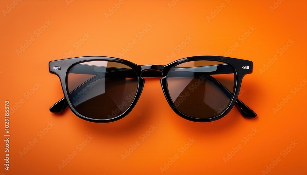 Sleek Black Wayfarer Sunglasses with Dark Lenses on Vibrant Orange Background. Ideal for Summer, Travel, and Fashion Concepts Sleek Black Wayfarer Sunglasses with Dark Lenses on Vibrant Orange Background. Ideal for Summer, Travel, and Fashion Concepts