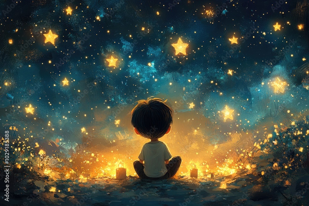 Young boy watching the stars in a magical night sky surrounded by candles