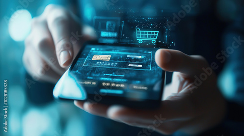 A person holds a smartphone displaying a digital shopping cart interface, showcasing advanced technology and online shopping capabilities.